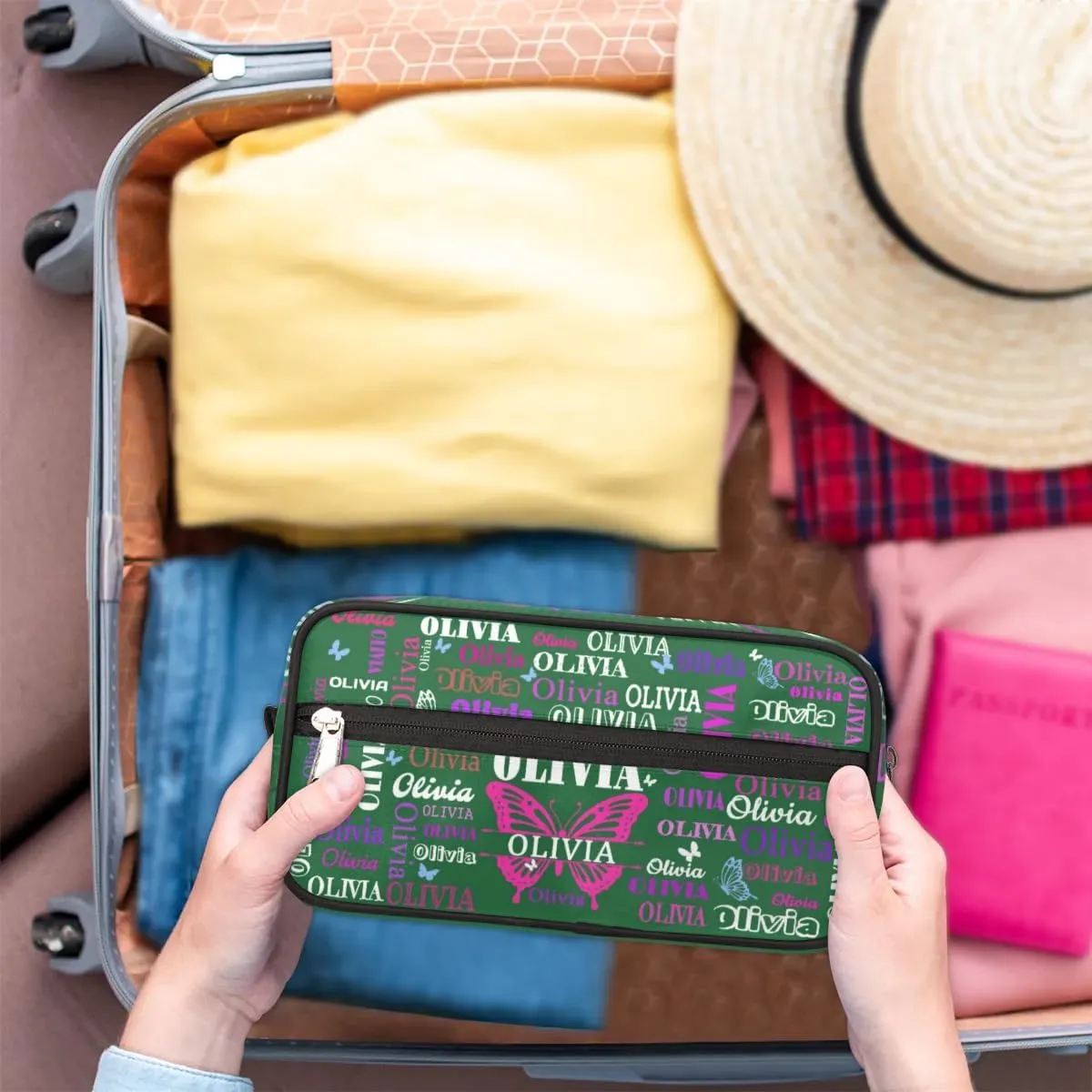Personalized Makeup Bag with Name, Travel Cosmetic Bag for Women, Friends, Mother's Day, Bridesmaid, Bride, Wedding, Graduation, Deep Forest Green with Pink Purple Butterflies