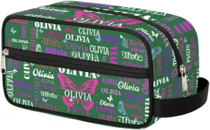 Personalized Makeup Bag with Name, Travel Cosmetic Bag for Women, Friends, Mother's Day, Bridesmaid, Bride, Wedding, Graduation, Deep Forest Green with Pink Purple Butterflies