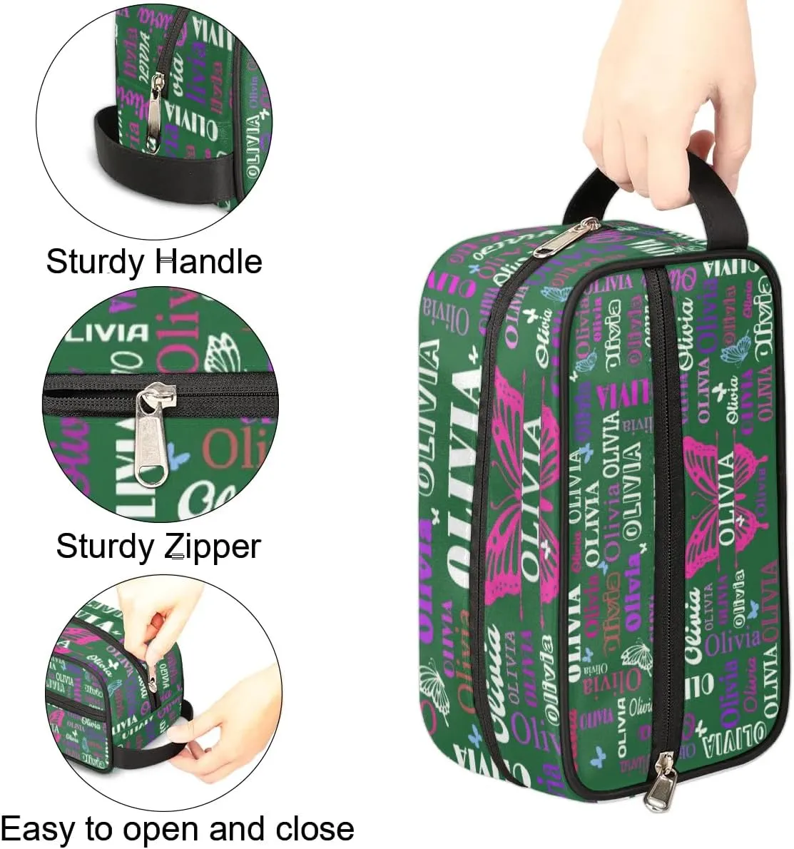 Personalized Makeup Bag with Name, Travel Cosmetic Bag for Women, Friends, Mother's Day, Bridesmaid, Bride, Wedding, Graduation, Deep Forest Green with Pink Purple Butterflies