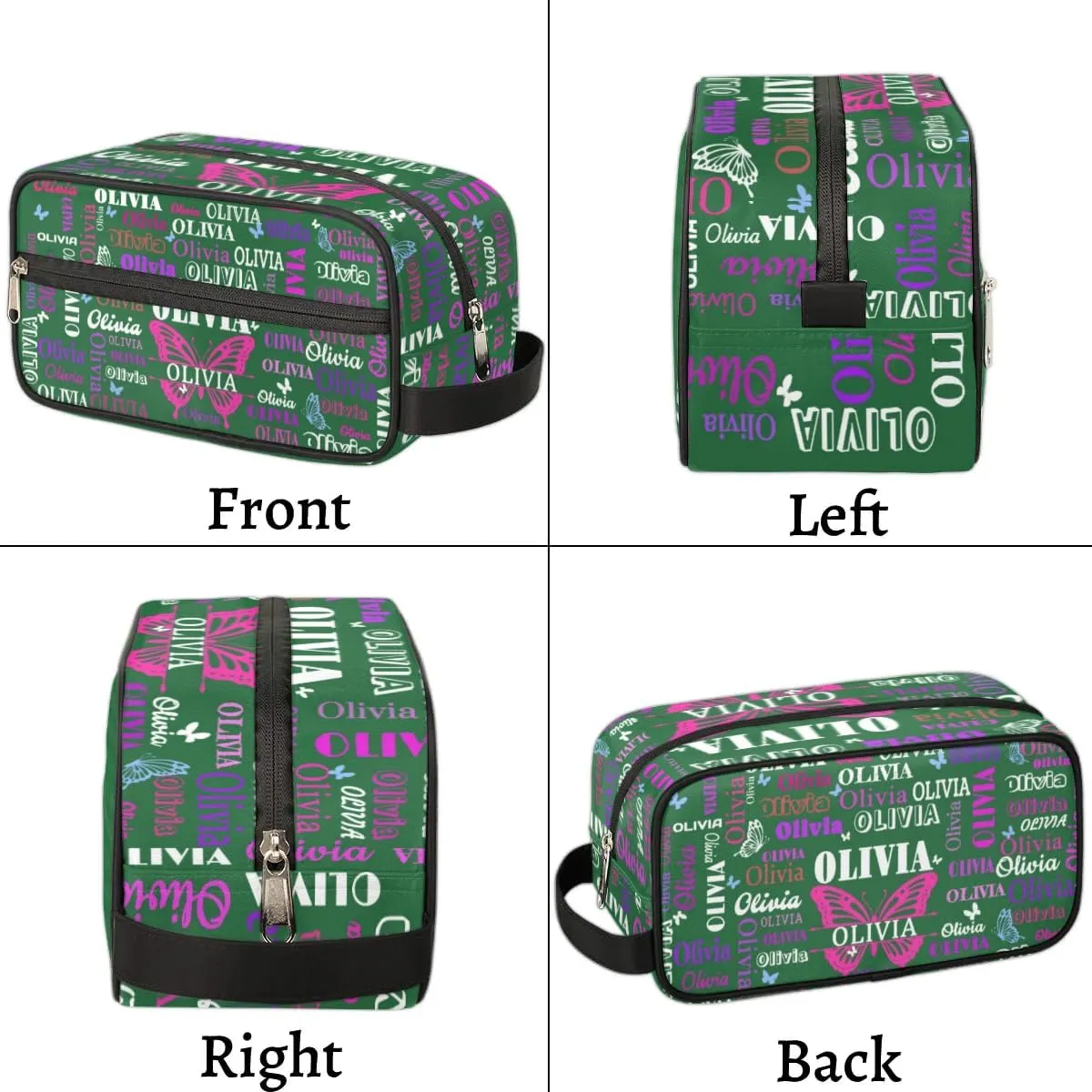 Personalized Makeup Bag with Name, Travel Cosmetic Bag for Women, Friends, Mother's Day, Bridesmaid, Bride, Wedding, Graduation, Deep Forest Green with Pink Purple Butterflies