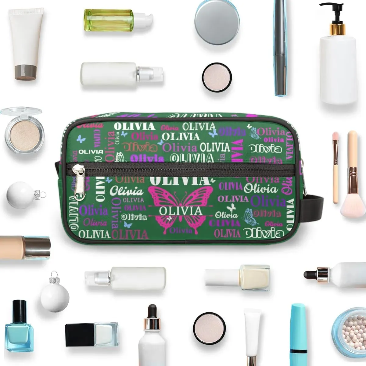 Personalized Makeup Bag with Name, Travel Cosmetic Bag for Women, Friends, Mother's Day, Bridesmaid, Bride, Wedding, Graduation, Deep Forest Green with Pink Purple Butterflies