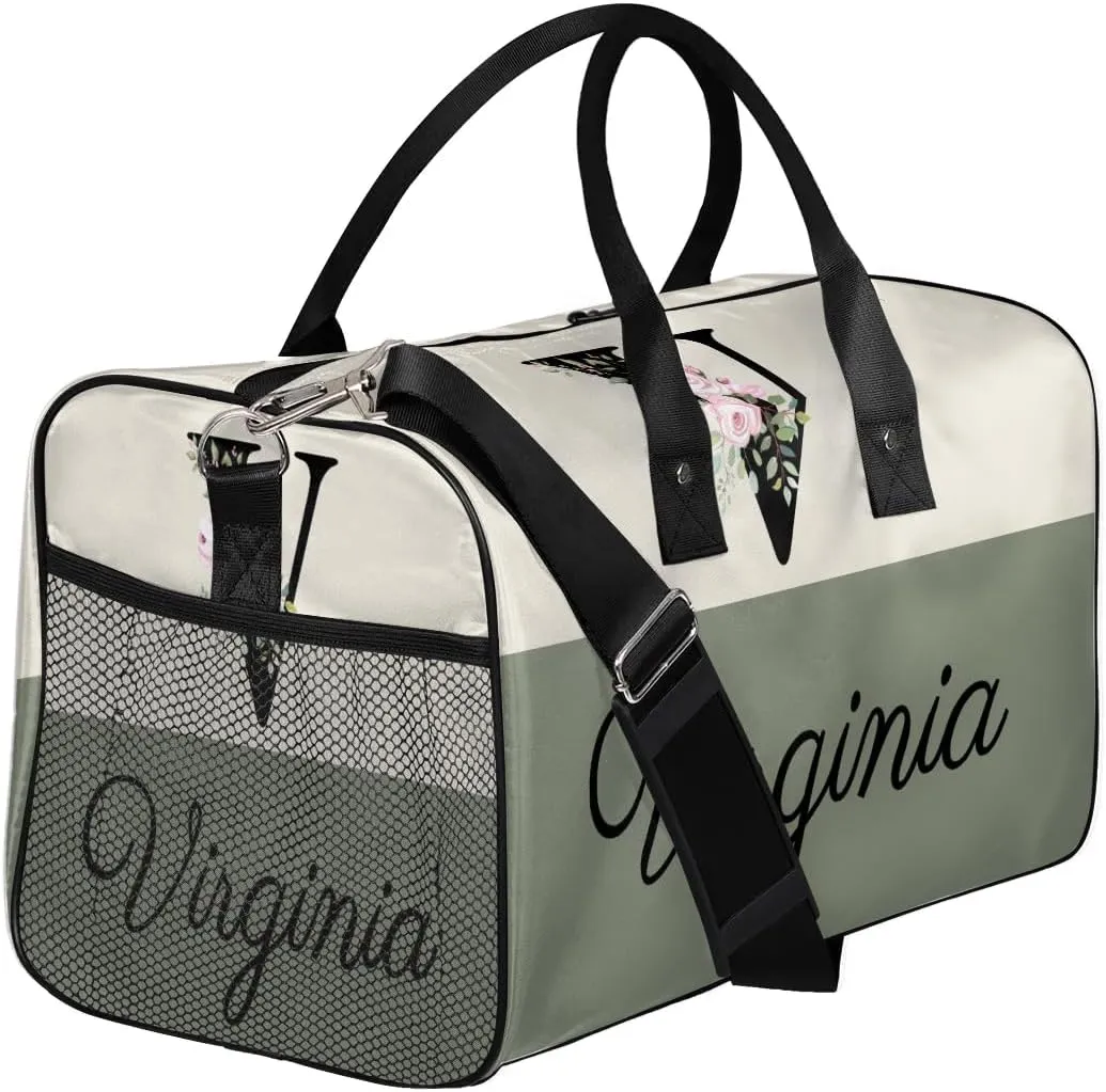 Personalized Monogrammed Duffel Overnight Bag 17.4 inch Custom Name Letter V Floral Initial Gym Sports Bag Carry On Sleepover Bag Travel Weekender Tote Lightweight Shoulder Bag