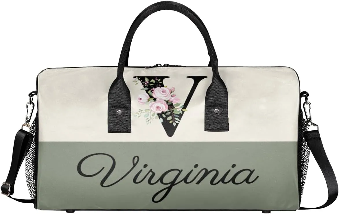 Personalized Monogrammed Duffel Overnight Bag 17.4 inch Custom Name Letter V Floral Initial Gym Sports Bag Carry On Sleepover Bag Travel Weekender Tote Lightweight Shoulder Bag