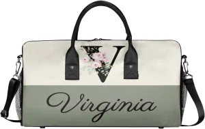 Personalized Monogrammed Duffel Overnight Bag 17.4 inch Custom Name Letter V Floral Initial Gym Sports Bag Carry On Sleepover Bag Travel Weekender Tote Lightweight Shoulder Bag