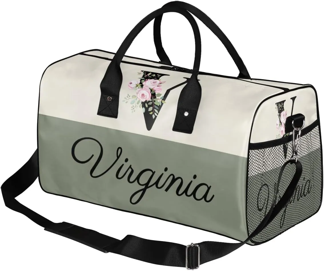 Personalized Monogrammed Duffel Overnight Bag 17.4 inch Custom Name Letter V Floral Initial Gym Sports Bag Carry On Sleepover Bag Travel Weekender Tote Lightweight Shoulder Bag