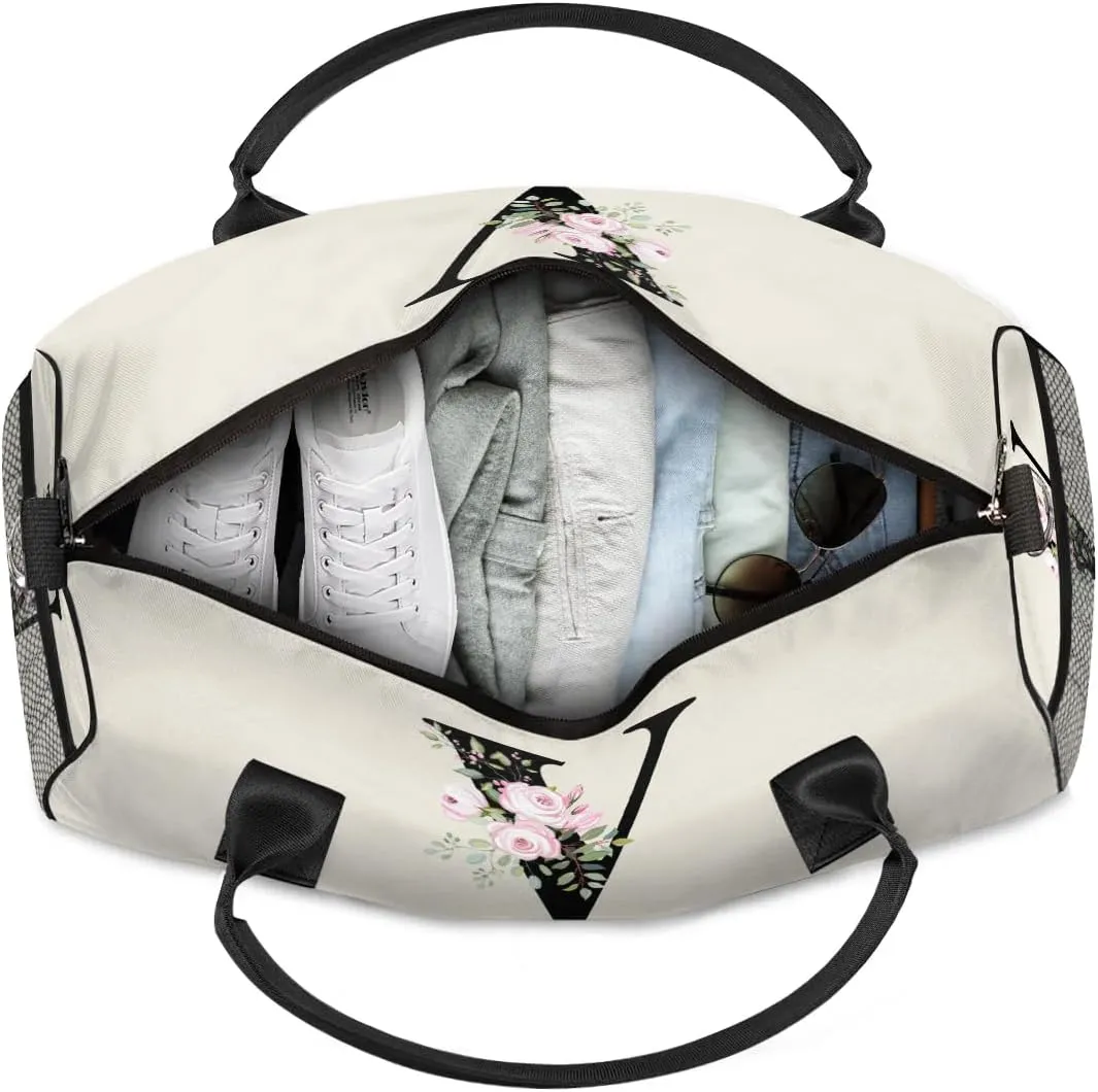 Personalized Monogrammed Duffel Overnight Bag 17.4 inch Custom Name Letter V Floral Initial Gym Sports Bag Carry On Sleepover Bag Travel Weekender Tote Lightweight Shoulder Bag