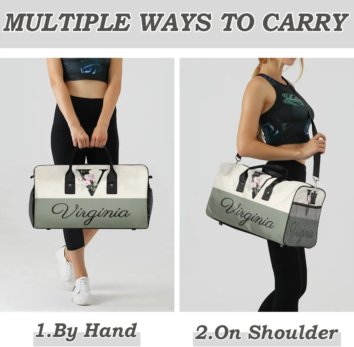Personalized Monogrammed Duffel Overnight Bag 17.4 inch Custom Name Letter V Floral Initial Gym Sports Bag Carry On Sleepover Bag Travel Weekender Tote Lightweight Shoulder Bag