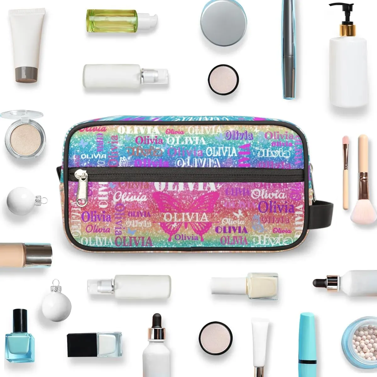 Personalized Travel Cosmetic Bag Waterproof Makeup Bags, Custom Name Colorful Blue Pink Bling Bling Glittering with Butterflies Organizer Case Toiletries Container Bag