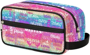Personalized Travel Cosmetic Bag Waterproof Makeup Bags, Custom Name Colorful Blue Pink Bling Bling Glittering with Butterflies Organizer Case Toiletries Container Bag