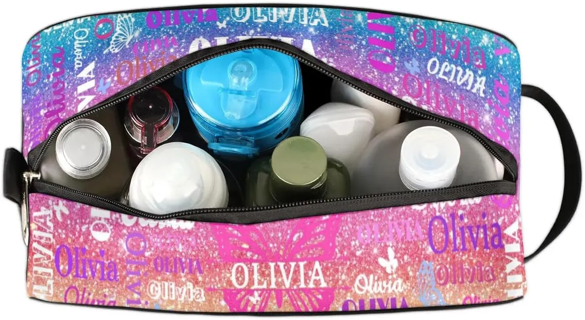 Personalized Travel Cosmetic Bag Waterproof Makeup Bags, Custom Name Colorful Blue Pink Bling Bling Glittering with Butterflies Organizer Case Toiletries Container Bag