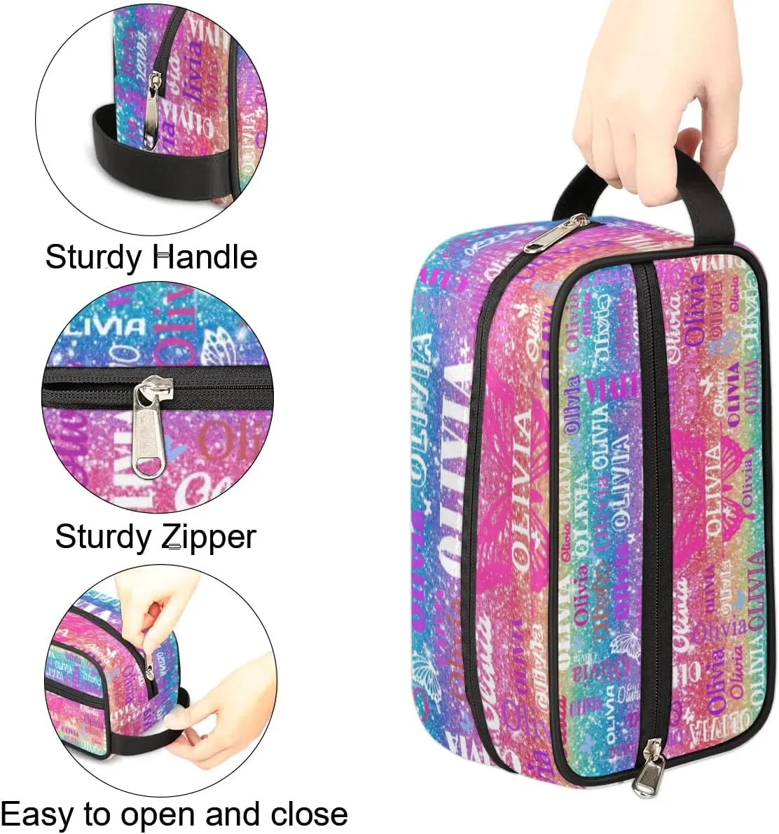 Personalized Travel Cosmetic Bag Waterproof Makeup Bags, Custom Name Colorful Blue Pink Bling Bling Glittering with Butterflies Organizer Case Toiletries Container Bag