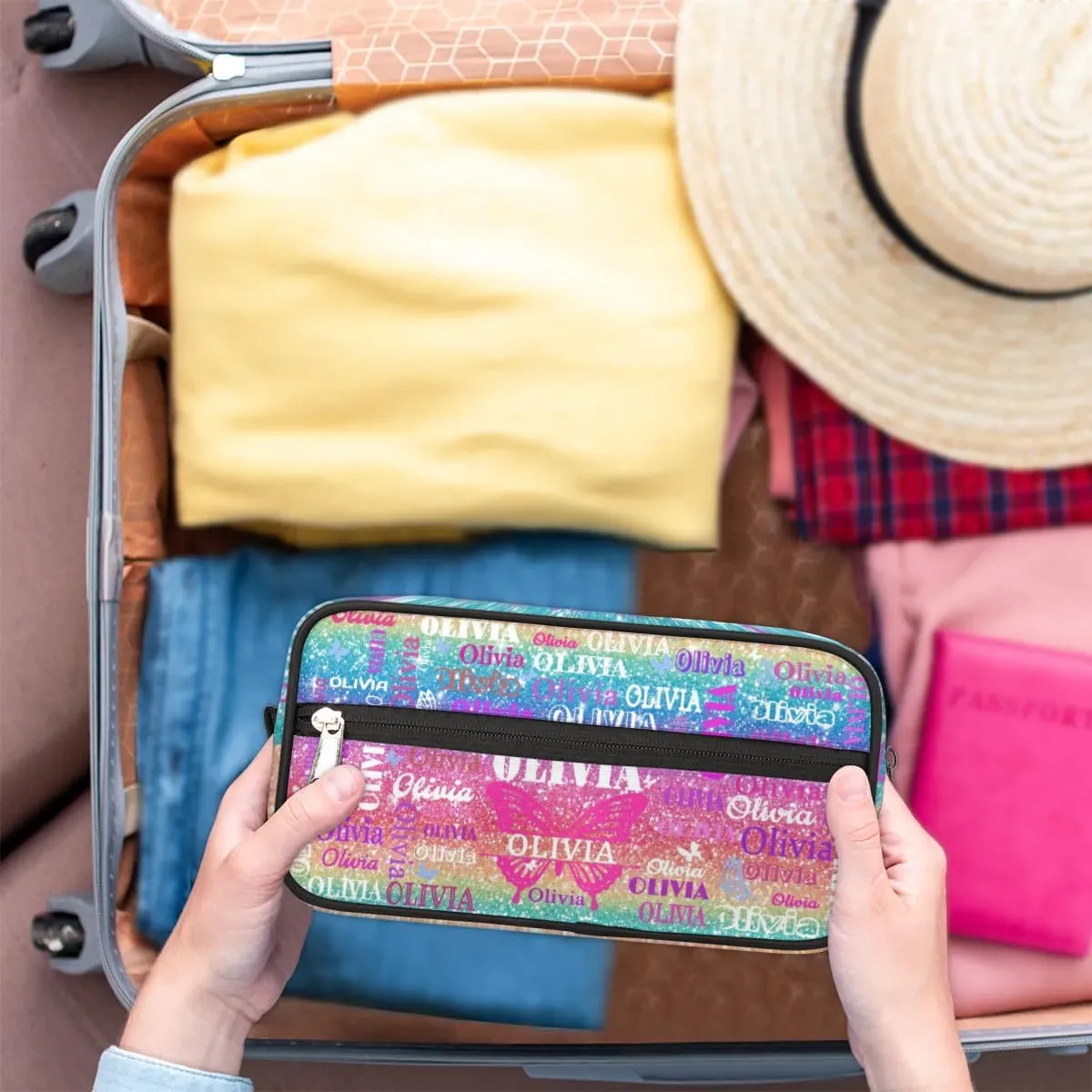 Personalized Travel Cosmetic Bag Waterproof Makeup Bags, Custom Name Colorful Blue Pink Bling Bling Glittering with Butterflies Organizer Case Toiletries Container Bag
