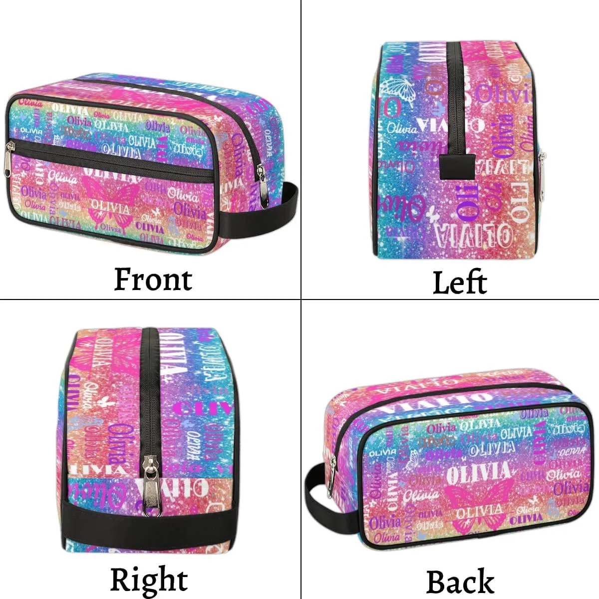 Personalized Travel Cosmetic Bag Waterproof Makeup Bags, Custom Name Colorful Blue Pink Bling Bling Glittering with Butterflies Organizer Case Toiletries Container Bag