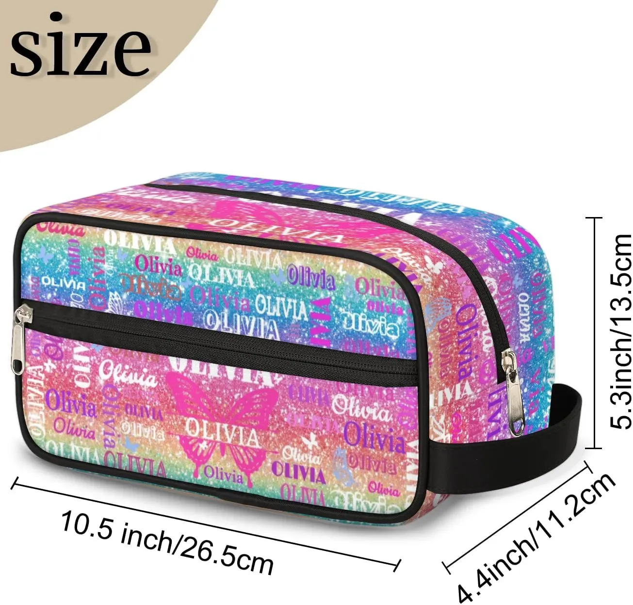 Personalized Travel Cosmetic Bag Waterproof Makeup Bags, Custom Name Colorful Blue Pink Bling Bling Glittering with Butterflies Organizer Case Toiletries Container Bag