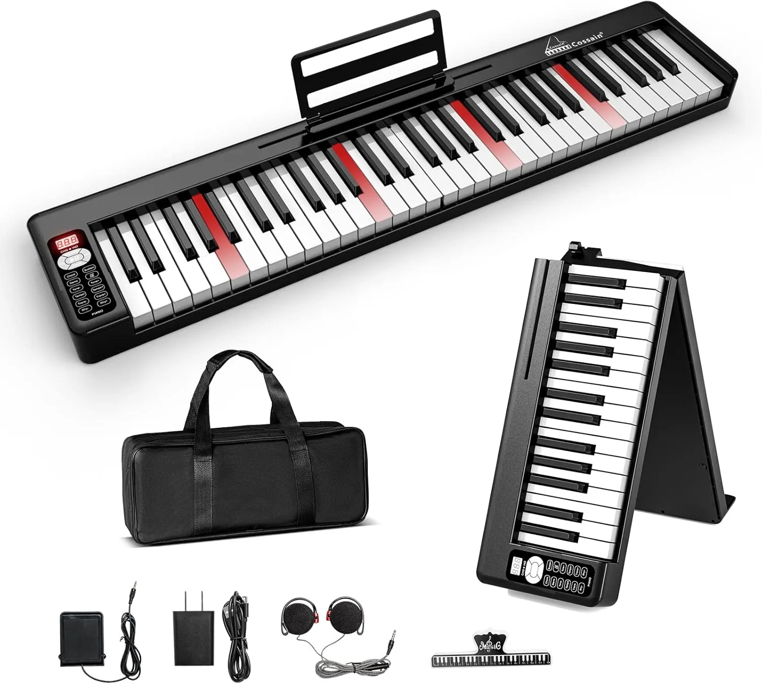 Piano Keyboard 61 Keys, Folding Digital Piano with Light up Key, Semi-Weighted & Bluetooth MIDI Portable Piano Keyboard for Beginners, Teens, Adult (Piano Bag, Stand Included)