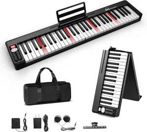 Piano Keyboard 61 Keys, Folding Digital Piano with Light up Key, Semi-Weighted & Bluetooth MIDI Portable Piano Keyboard for Beginners, Teens, Adult (Piano Bag, Stand Included)