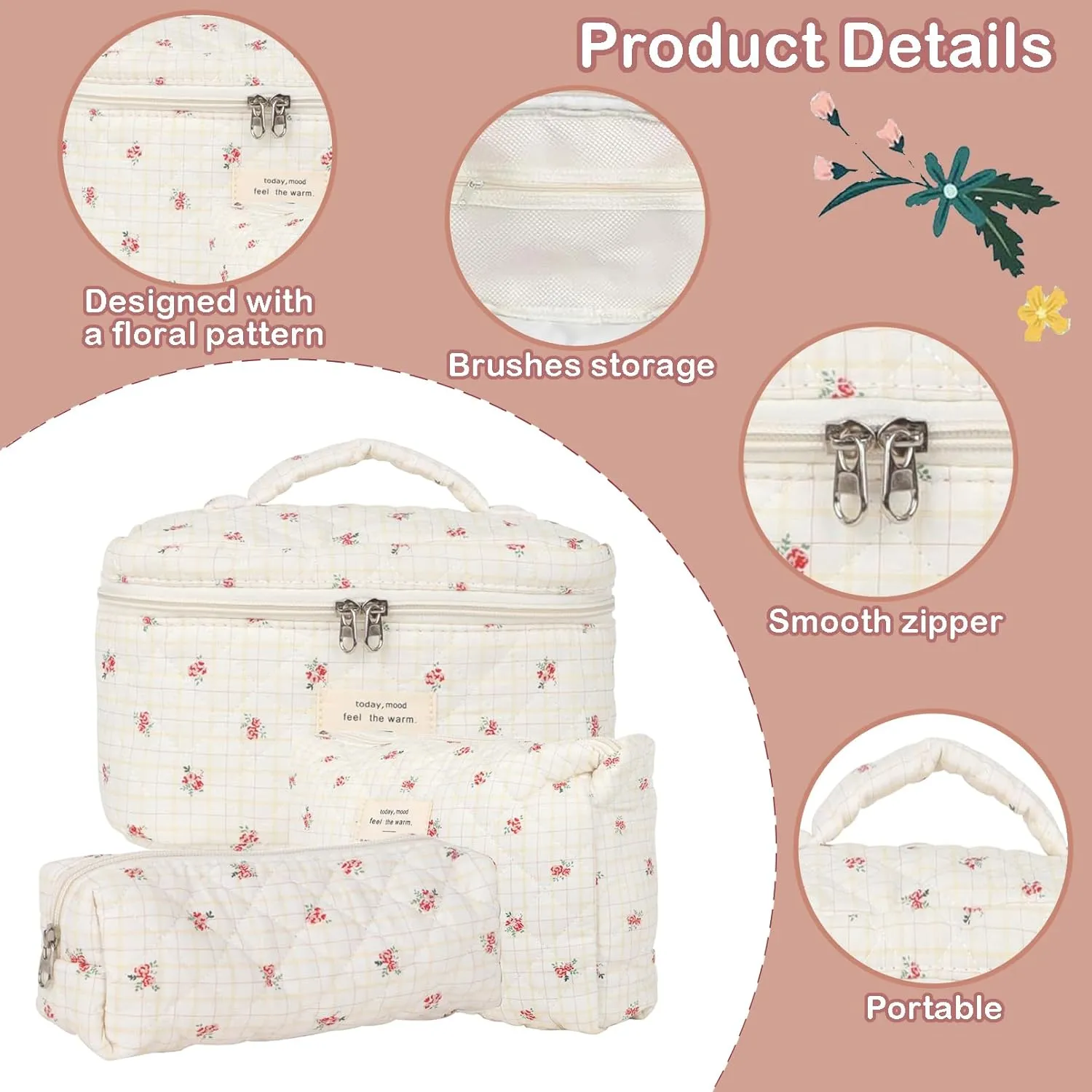 Pink Floral Makeup Bag for Women Teen Girl, 3 Pcs Quilted Cosmetic Bag, Flowers Cotton Make up Bag Set, Large Travel Coquette Cosmetic Bag, Aesthetic Cute Toiletry Organizer Skincare Bag