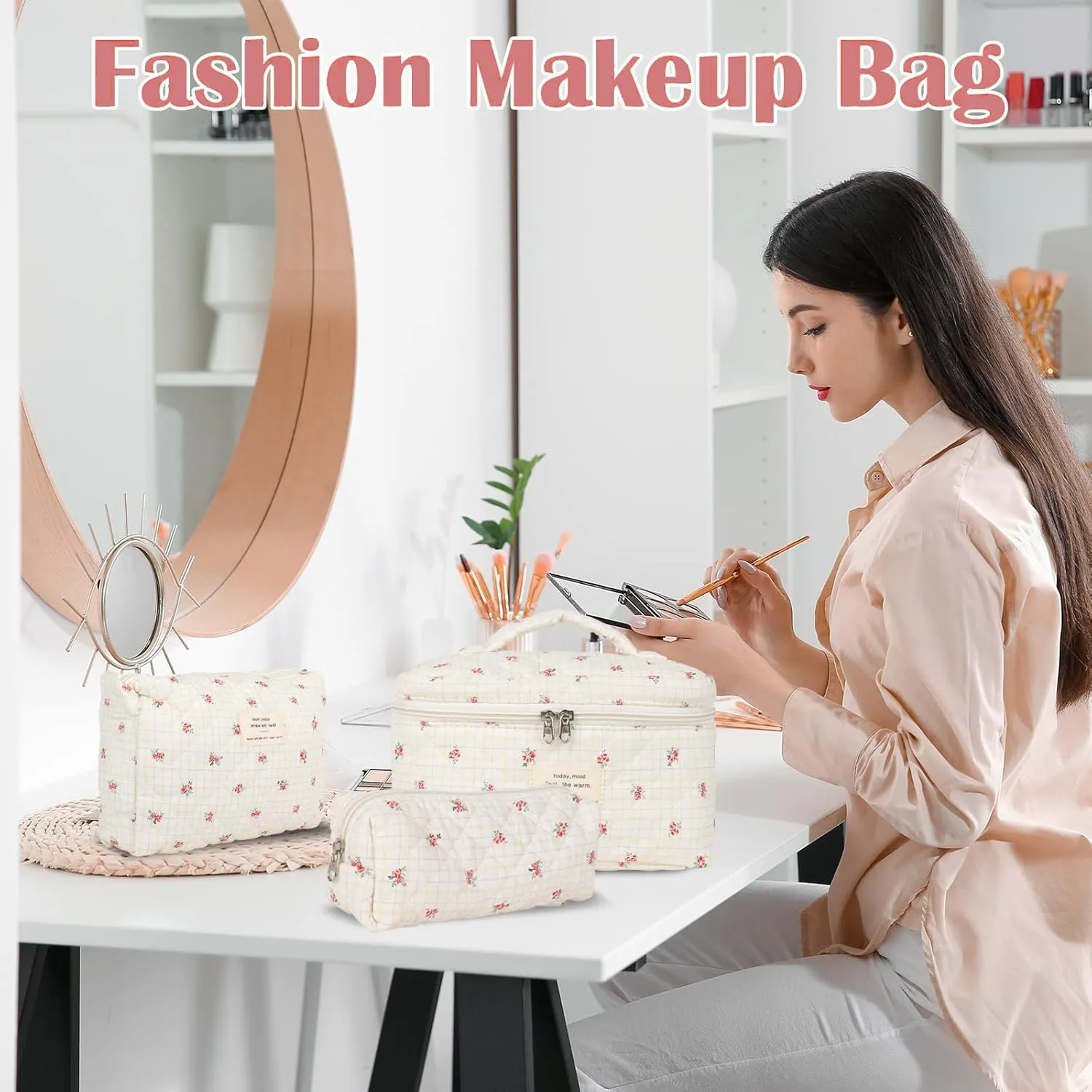 Pink Floral Makeup Bag for Women Teen Girl, 3 Pcs Quilted Cosmetic Bag, Flowers Cotton Make up Bag Set, Large Travel Coquette Cosmetic Bag, Aesthetic Cute Toiletry Organizer Skincare Bag