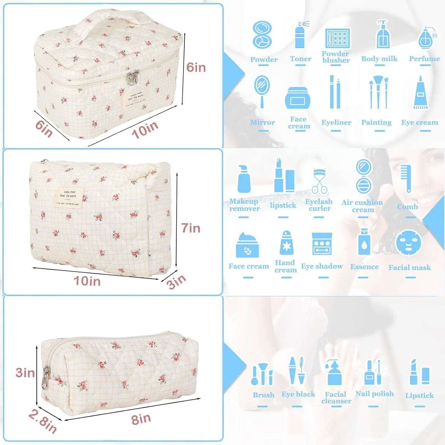 Pink Floral Makeup Bag for Women Teen Girl, 3 Pcs Quilted Cosmetic Bag, Flowers Cotton Make up Bag Set, Large Travel Coquette Cosmetic Bag, Aesthetic Cute Toiletry Organizer Skincare Bag