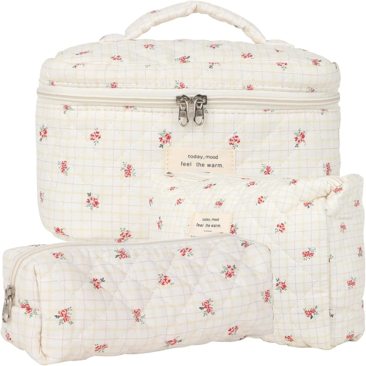 Pink Floral Makeup Bag for Women Teen Girl, 3 Pcs Quilted Cosmetic Bag, Flowers Cotton Make up Bag Set, Large Travel Coquette Cosmetic Bag, Aesthetic Cute Toiletry Organizer Skincare Bag