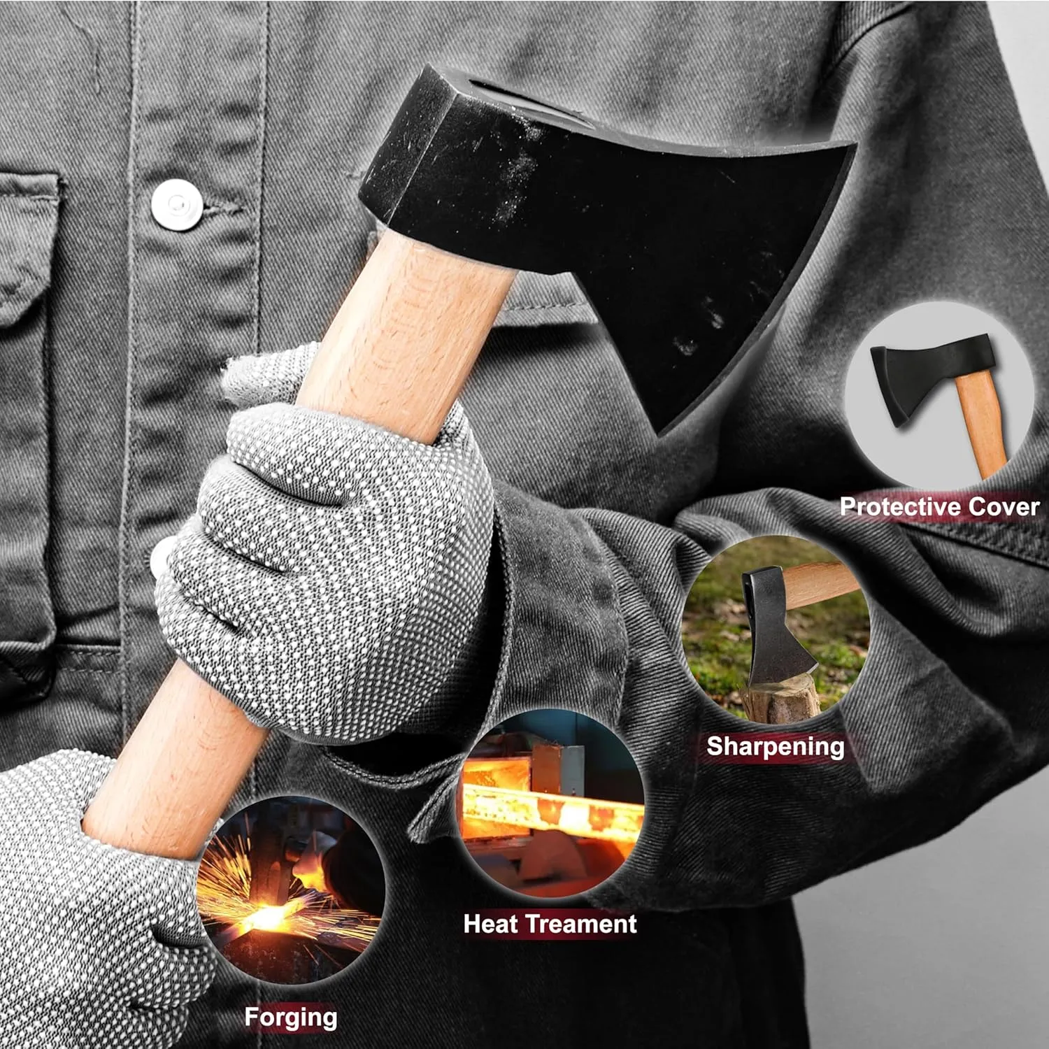 P.I.T. 15" Hatchet, Wooden Handle Hatchet with Sheath for Wood Splitting and Chopping, Gardening Small Axe Wooden Handle Tools for Camping, Hiking, Multi-Use Axe