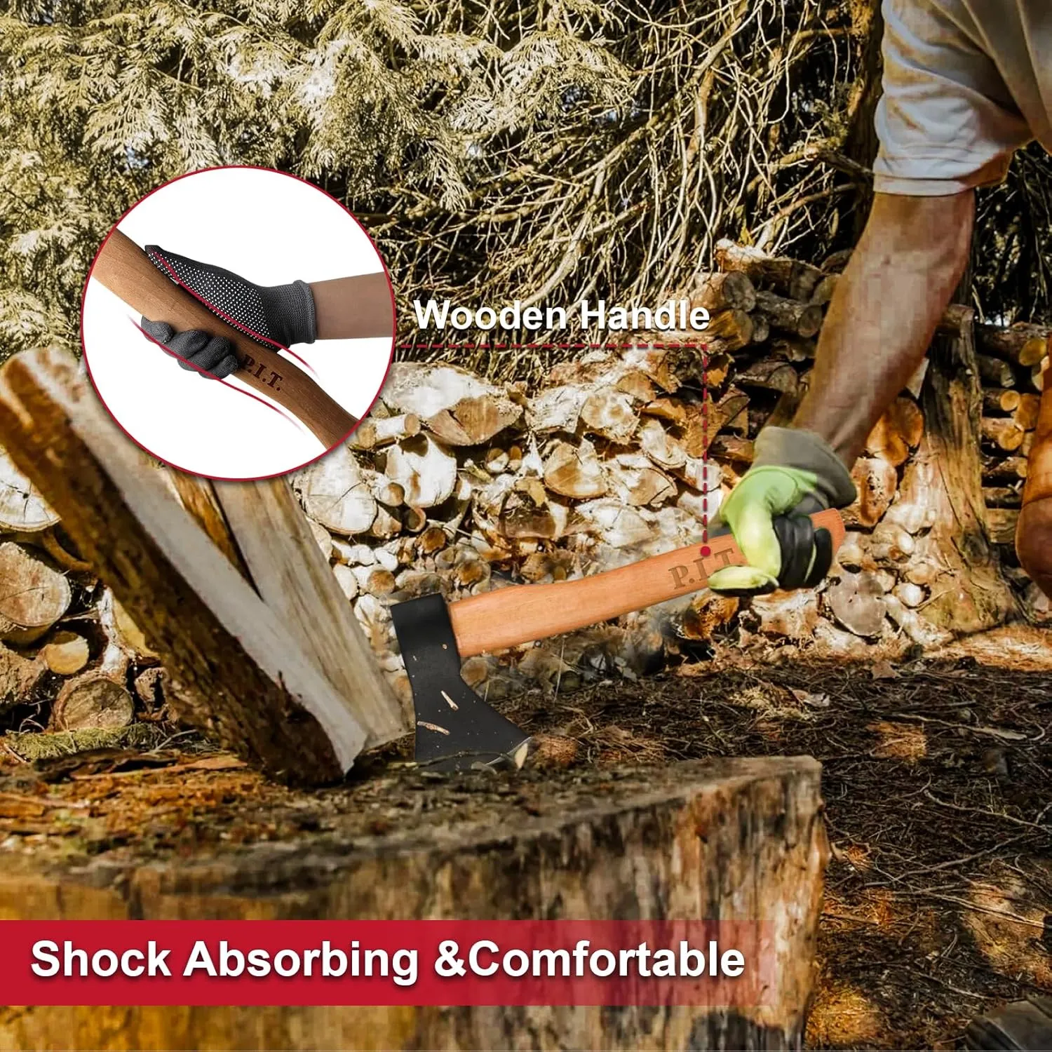 P.I.T. 15" Hatchet, Wooden Handle Hatchet with Sheath for Wood Splitting and Chopping, Gardening Small Axe Wooden Handle Tools for Camping, Hiking, Multi-Use Axe