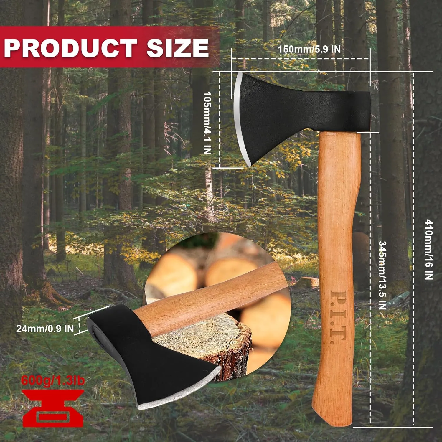 P.I.T. 15" Hatchet, Wooden Handle Hatchet with Sheath for Wood Splitting and Chopping, Gardening Small Axe Wooden Handle Tools for Camping, Hiking, Multi-Use Axe