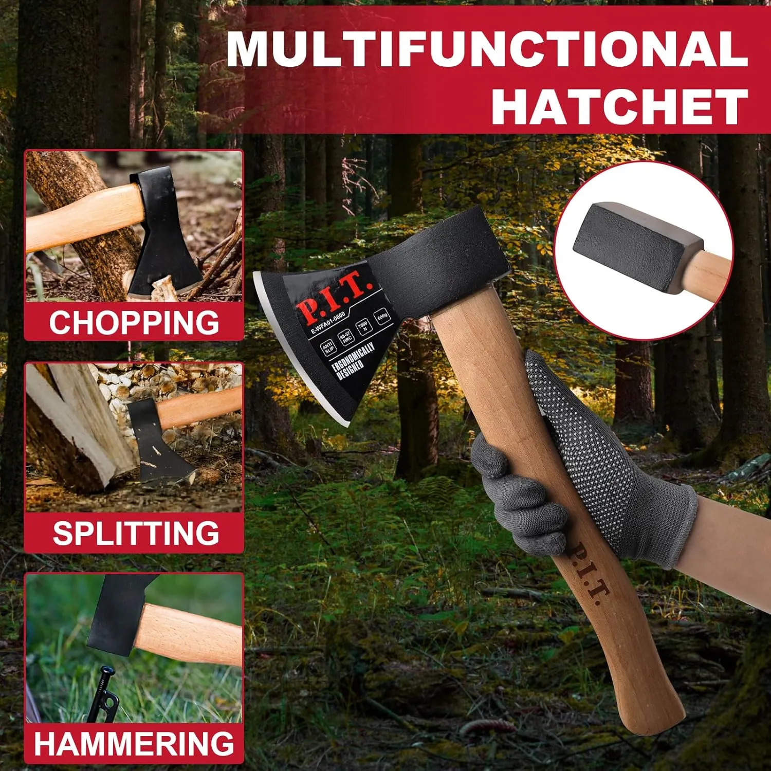 P.I.T. 15" Hatchet, Wooden Handle Hatchet with Sheath for Wood Splitting and Chopping, Gardening Small Axe Wooden Handle Tools for Camping, Hiking, Multi-Use Axe