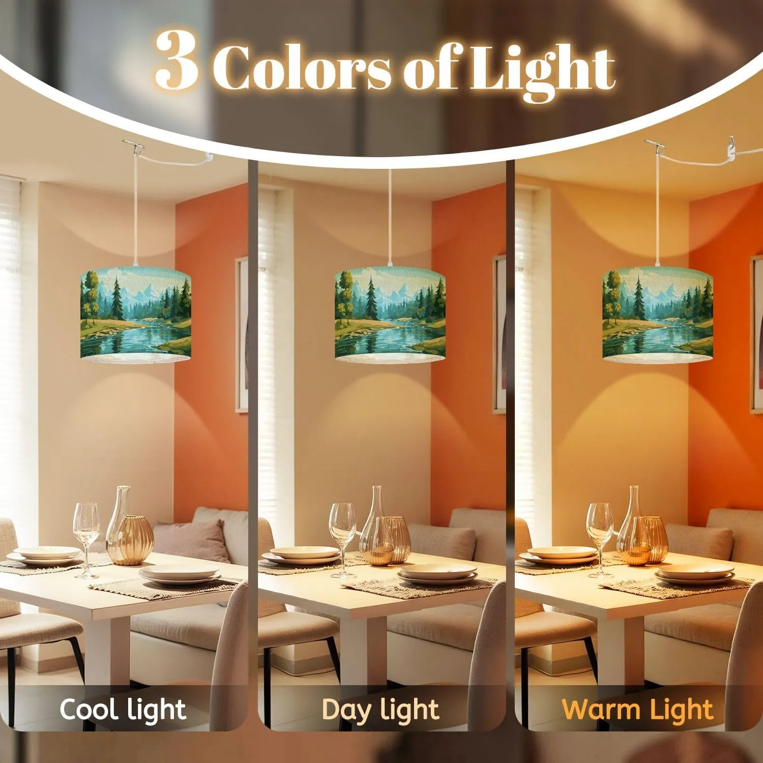 Plug in Pendant Light Beautiful mountain river scenery clear water dense forest meadow Hanging Lamp with Plug in Cord 16.4 ft Dimmable Hanging Light for Bedroom Kitchen Island Living Room