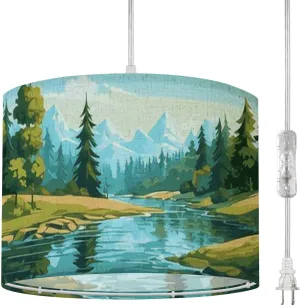 Plug in Pendant Light Beautiful mountain river scenery clear water dense forest meadow Hanging Lamp with Plug in Cord 16.4 ft Dimmable Hanging Light for Bedroom Kitchen Island Living Room
