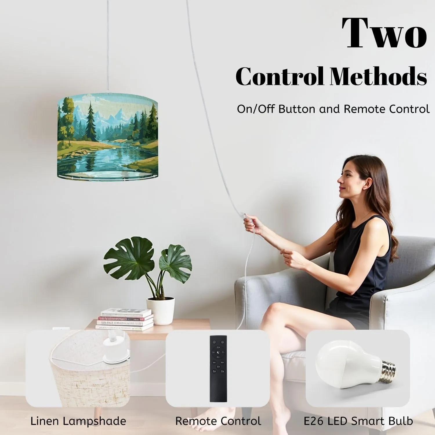 Plug in Pendant Light Beautiful mountain river scenery clear water dense forest meadow Hanging Lamp with Plug in Cord 16.4 ft Dimmable Hanging Light for Bedroom Kitchen Island Living Room