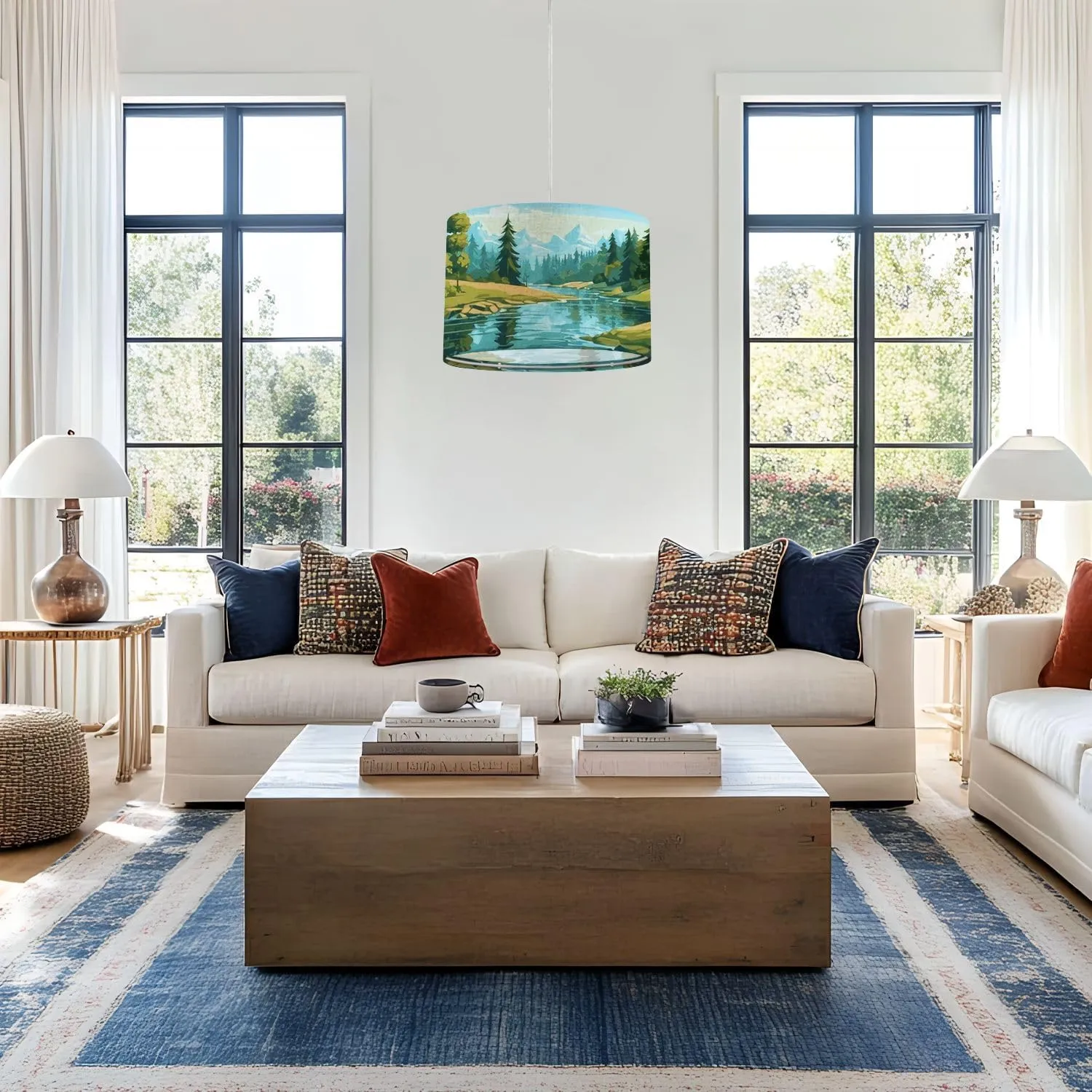 Plug in Pendant Light Beautiful mountain river scenery clear water dense forest meadow Hanging Lamp with Plug in Cord 16.4 ft Dimmable Hanging Light for Bedroom Kitchen Island Living Room