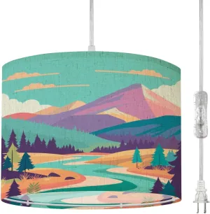 Plug in Pendant Light Colorful Nature View River Mountain Pine Tree Forest Hanging Lamp with Plug in Cord 16.4 ft Dimmable Hanging Light for Bedroom Kitchen Island Living Room