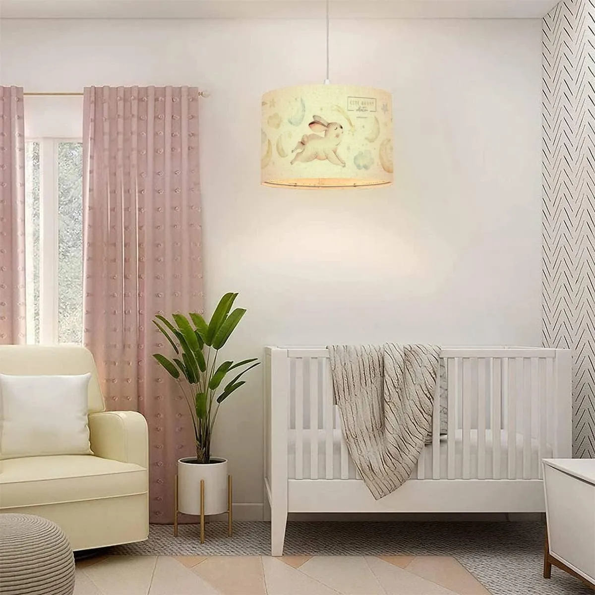 Plug in Pendant Light Cute baby rabbit animal dream comet with gold stars in Hanging Lamp with Plug in Cord 16.4 ft Dimmable Switch Fabric Shade Hanging Light for Bedroom Kitchen Living Room