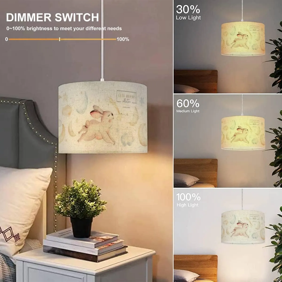 Plug in Pendant Light Cute baby rabbit animal dream comet with gold stars in Hanging Lamp with Plug in Cord 16.4 ft Dimmable Switch Fabric Shade Hanging Light for Bedroom Kitchen Living Room