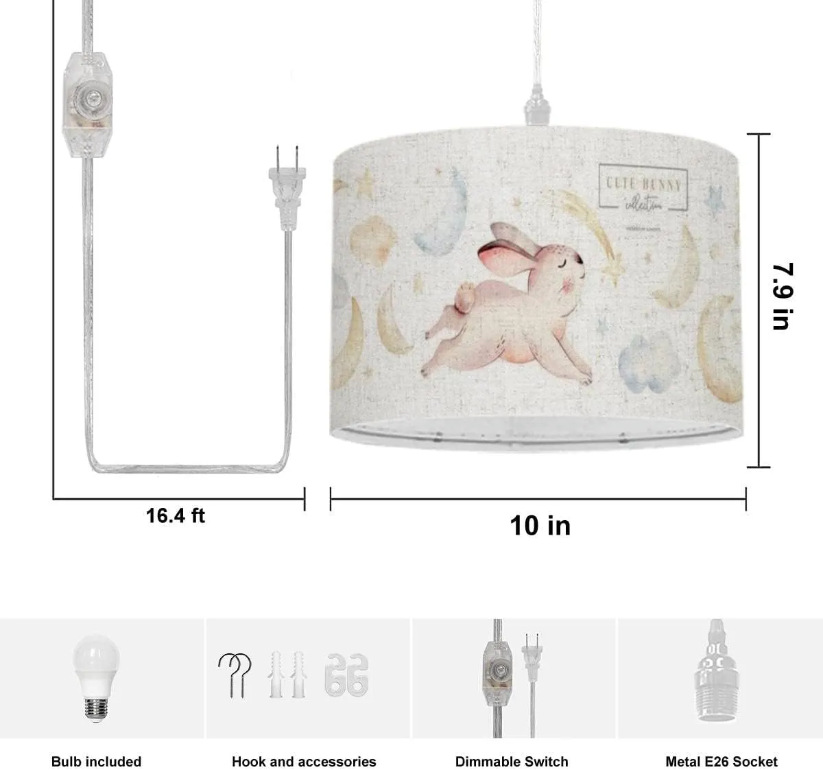 Plug in Pendant Light Cute baby rabbit animal dream comet with gold stars in Hanging Lamp with Plug in Cord 16.4 ft Dimmable Switch Fabric Shade Hanging Light for Bedroom Kitchen Living Room