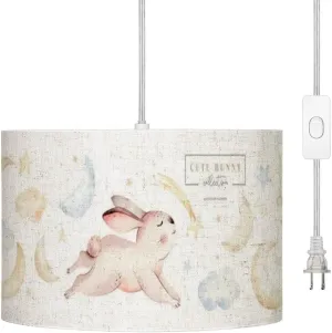 Plug in Pendant Light Cute baby rabbit animal dream comet with gold stars in Hanging Lamp with Plug in Cord 16.4 ft Dimmable Switch Fabric Shade Hanging Light for Bedroom Kitchen Living Room