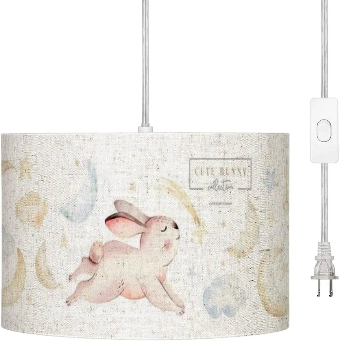 Plug in Pendant Light Cute baby rabbit animal dream comet with gold stars in Hanging Lamp with Plug in Cord 16.4 ft Dimmable Switch Fabric Shade Hanging Light for Bedroom Kitchen Living Room