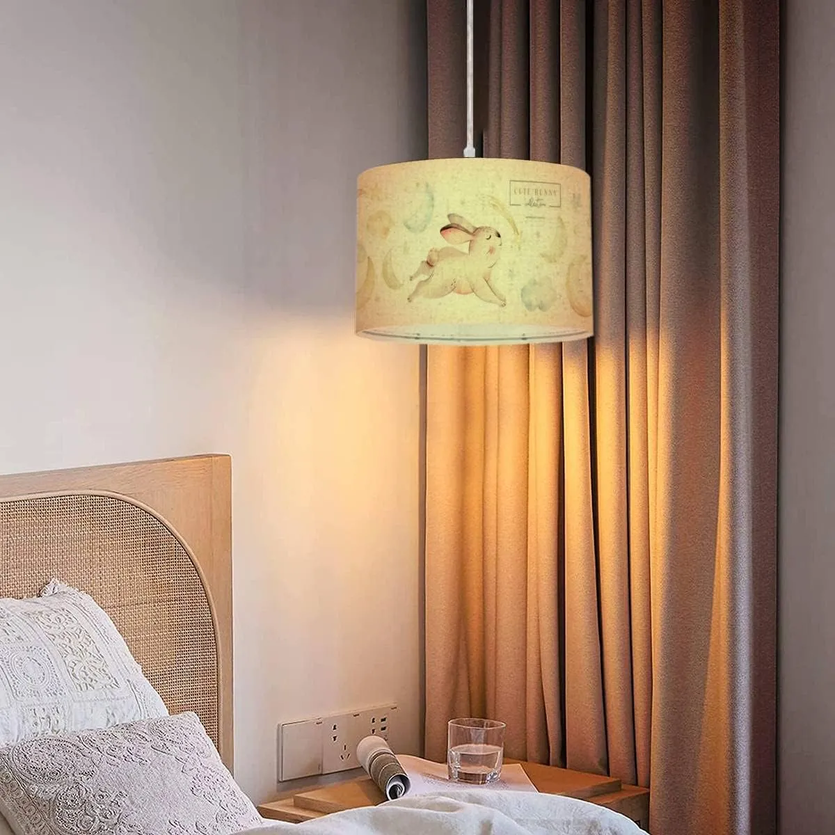 Plug in Pendant Light Cute baby rabbit animal dream comet with gold stars in Hanging Lamp with Plug in Cord 16.4 ft Dimmable Switch Fabric Shade Hanging Light for Bedroom Kitchen Living Room