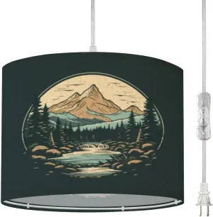Plug in Pendant Light Forest River Scene Vintage Hanging Lamp with Plug in Cord 16.4 ft Dimmable Hanging Light for Bedroom Kitchen Island Living Room