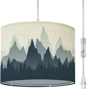 Plug in Pendant Light Horizontal Mountain Landscape Trees Seamless Mountains Hanging Lamp with Plug in Cord 16.4 ft Dimmable Hanging Light for Bedroom Kitchen Island Living Room