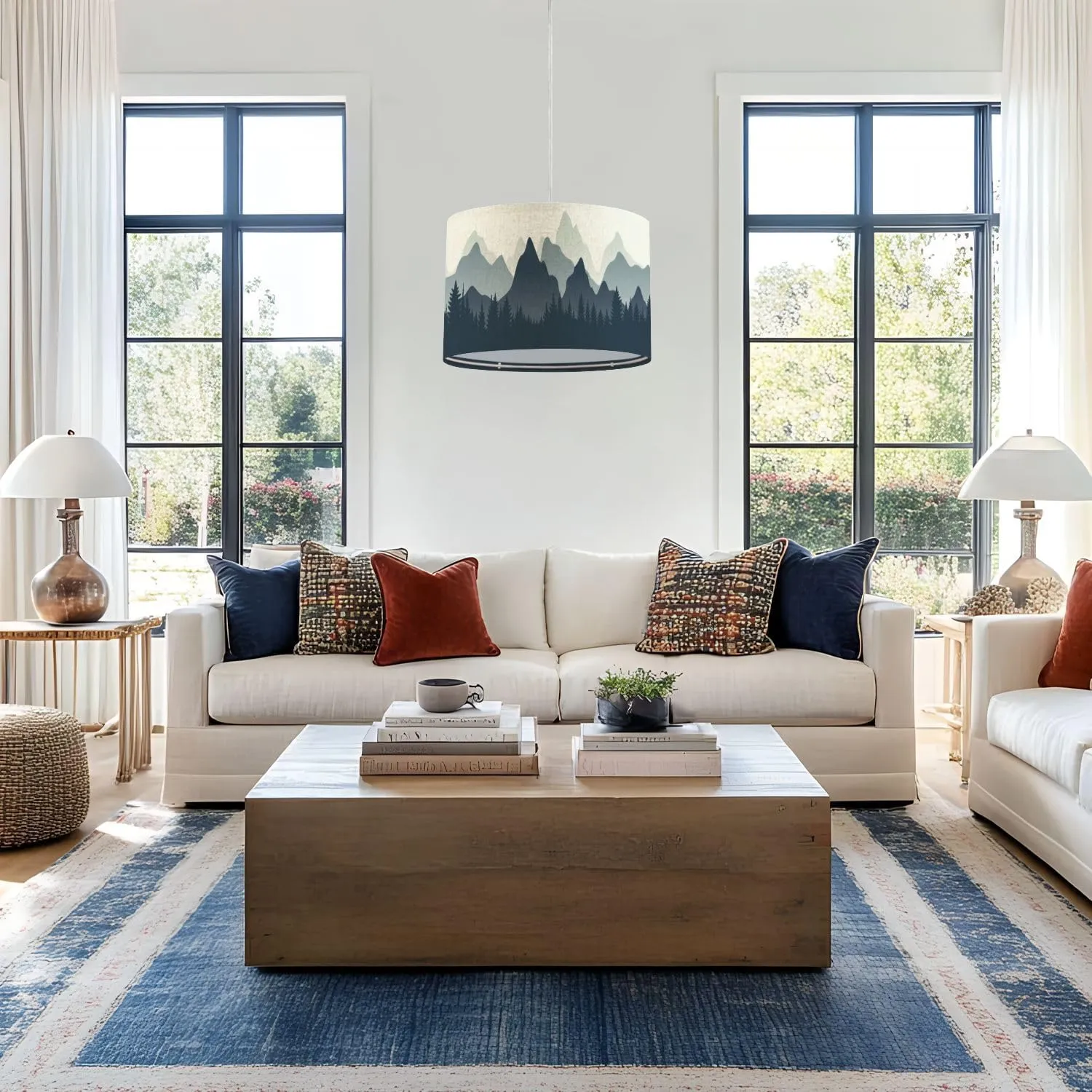 Plug in Pendant Light Horizontal Mountain Landscape Trees Seamless Mountains Hanging Lamp with Plug in Cord 16.4 ft Dimmable Hanging Light for Bedroom Kitchen Island Living Room