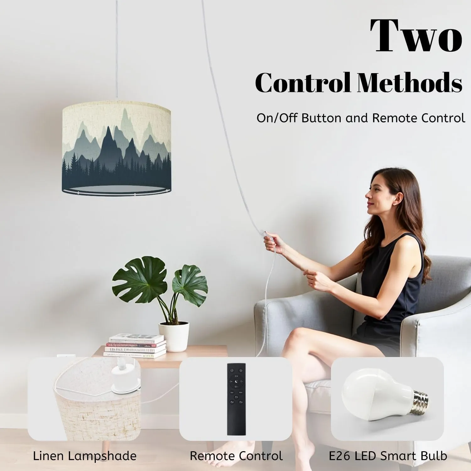 Plug in Pendant Light Horizontal Mountain Landscape Trees Seamless Mountains Hanging Lamp with Plug in Cord 16.4 ft Dimmable Hanging Light for Bedroom Kitchen Island Living Room
