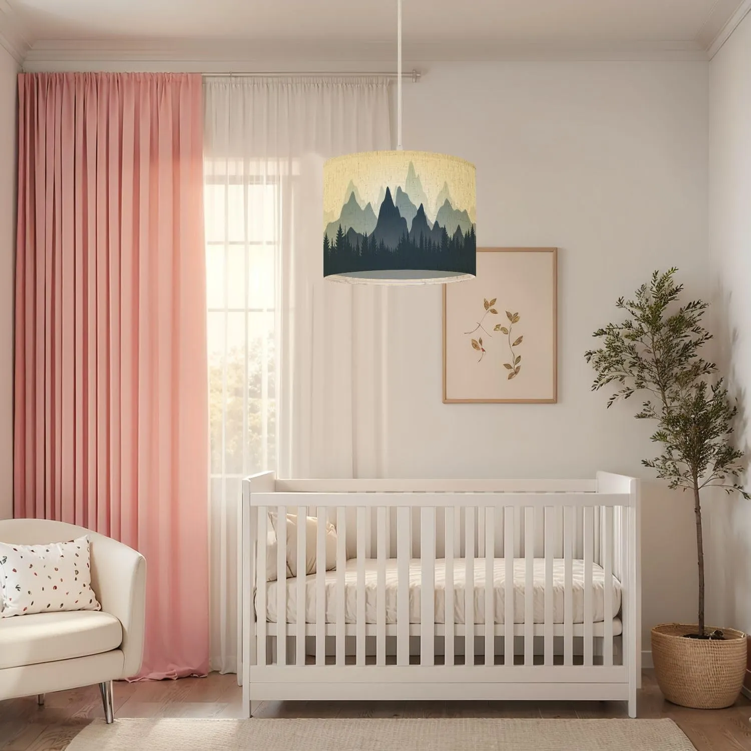 Plug in Pendant Light Horizontal Mountain Landscape Trees Seamless Mountains Hanging Lamp with Plug in Cord 16.4 ft Dimmable Hanging Light for Bedroom Kitchen Island Living Room