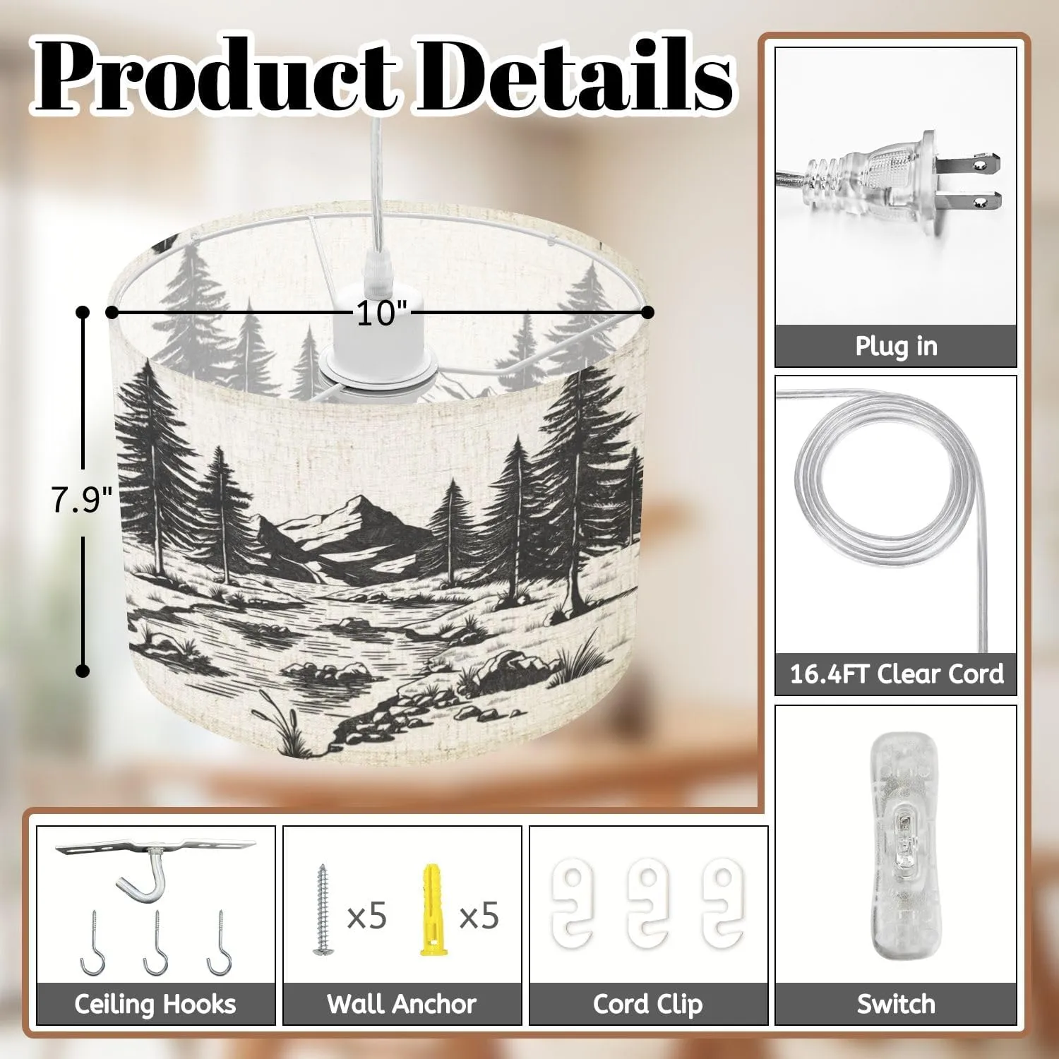 Plug in Pendant Light Mountain Pine Trees River Rock Hand Drawn Landscape Art Hanging Lamp with Plug in Cord 16.4 ft Dimmable Hanging Light for Bedroom Kitchen Island Living Room