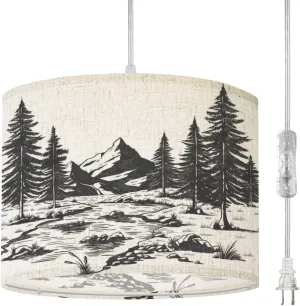 Plug in Pendant Light Mountain Pine Trees River Rock Hand Drawn Landscape Art Hanging Lamp with Plug in Cord 16.4 ft Dimmable Hanging Light for Bedroom Kitchen Island Living Room