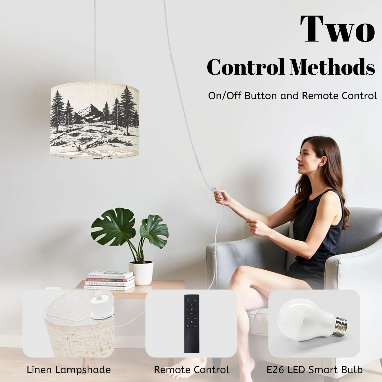 Plug in Pendant Light Mountain Pine Trees River Rock Hand Drawn Landscape Art Hanging Lamp with Plug in Cord 16.4 ft Dimmable Hanging Light for Bedroom Kitchen Island Living Room