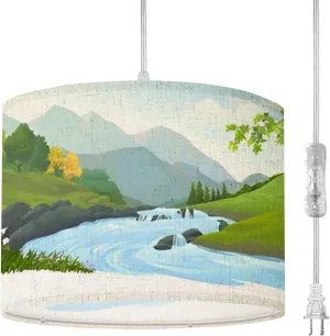Plug in Pendant Light River Flowing Down Stream Across Beautiful Forest Hanging Lamp with Plug in Cord 16.4 ft Dimmable Hanging Light for Bedroom Kitchen Island Living Room