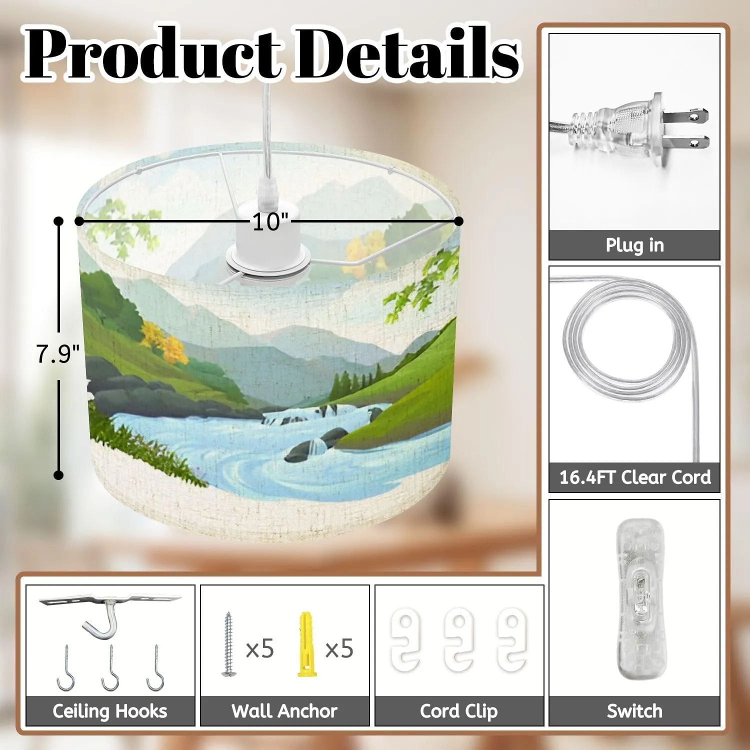 Plug in Pendant Light River Flowing Down Stream Across Beautiful Forest Hanging Lamp with Plug in Cord 16.4 ft Dimmable Hanging Light for Bedroom Kitchen Island Living Room