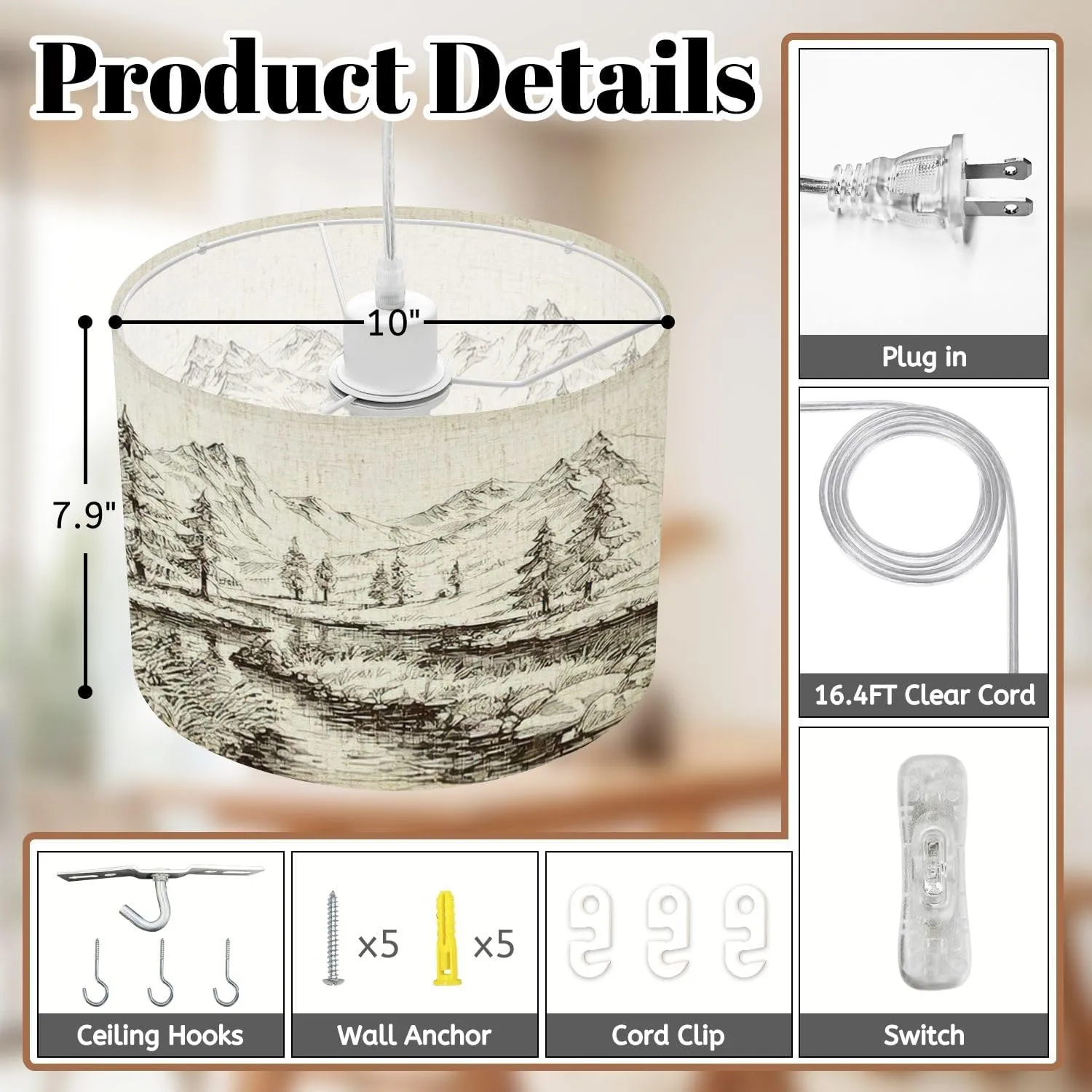 Plug in Pendant Light River Mountains Sketch Hanging Lamp with Plug in Cord 16.4 ft Dimmable Hanging Light for Bedroom Kitchen Island Living Room